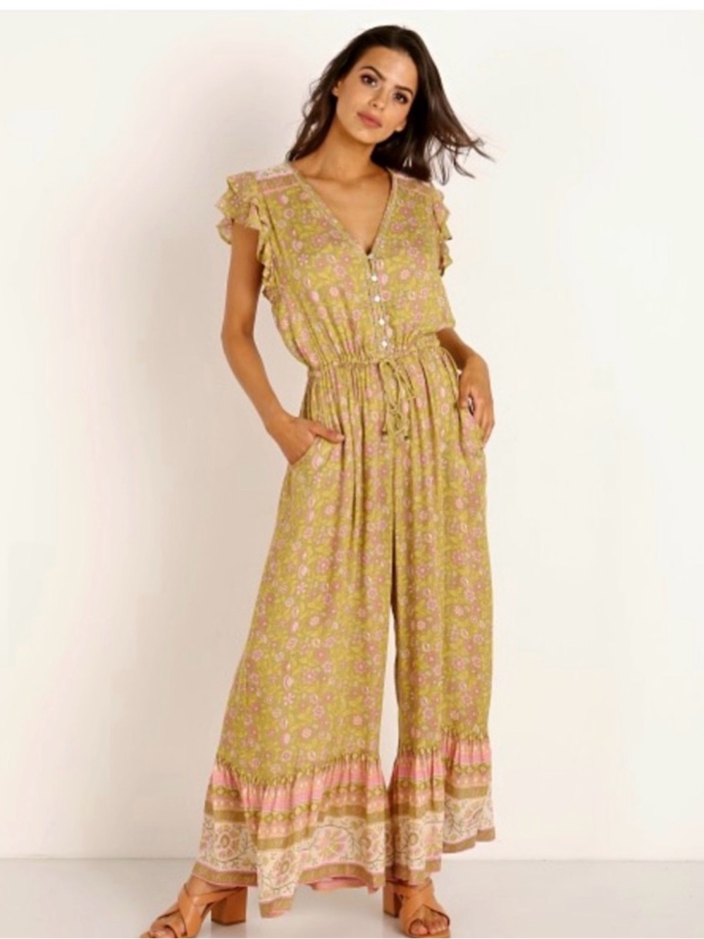 Spell Olive Green Dahlia Jumpsuit with Pink Accents